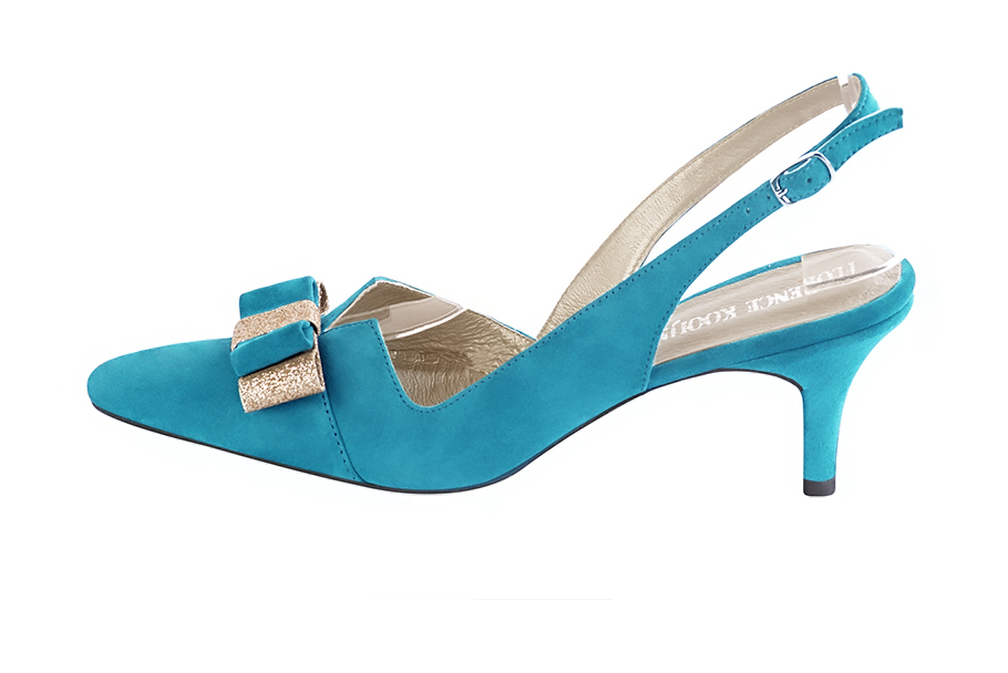 Turquoise blue and gold elegant slingback heels, with a bow on the front. Tapered toe. Medium slim heel. - Florence KOOIJMAN